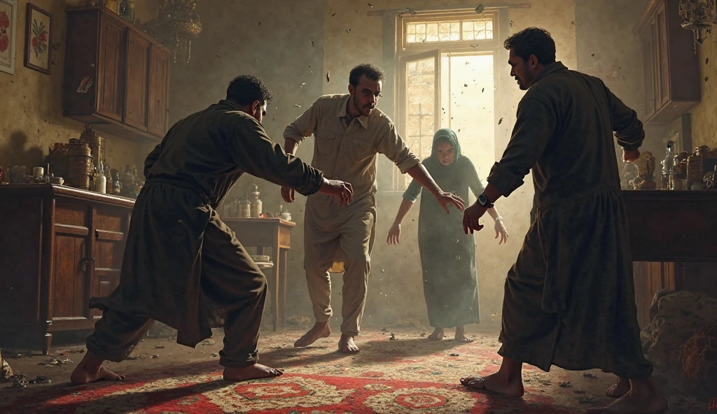 In a Pakistani village two men are fighting while some people trying to rescue them