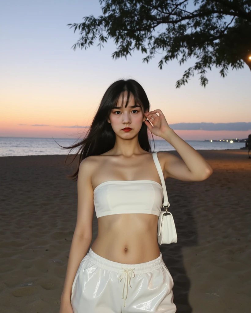 A cute girl, perfect face, beautifull 14 years old girl,14 years old girl, skinny body, slim body, white skin, masterpiece, textured skin, super detail, high details, high quality, 8k, nice pose, road night background, side lighting to face, dress, wearing a white hat, wearing a sun glasses, cute lips, small and cutest lips, at night, wearing a white shoes, bangs hair style, open top naked, small skirt, wearing a ears rings, little smlie, night time.