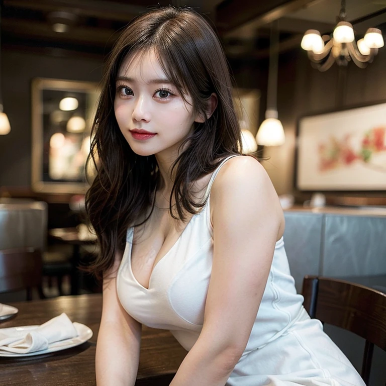 dark brown hair、light brown eyes、Japanese actress face、 lady、looks like him;I'm about 40 years old、(intricate details:1.2)、(Which is the top?:1.4)、 (Super high resolution:1.2)、Super high resolution、(finely tuned)、(detailed facial features)、nffsw、8K resolution、D cup size breasts、long hair、Paris、Parisのカフェ、Pink flowers bloom at the entrance of the cafe.、Cafe entrance surrounded by flowers、sitting on a chair on the terrace of a cafe、leaning on the back of the chair、beautiful legs、full body photo、head to toe shot、