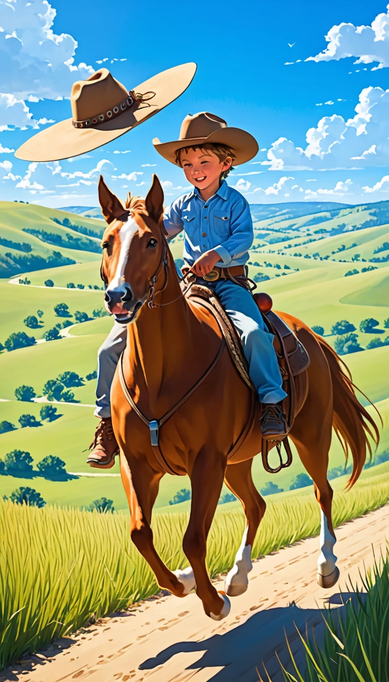 A young cowboy of only 8 years old, mounted on his faithful horse, enters a lush green forest. Wearing a cowboy hat that gives him an adventurous air, he carries a knife strapped to his waist, a sign of his courage. His blonde hair flutters in the wind as he rides with confidence and skill. Beside him, an orange-haired dog accompanies him, staring intently ahead. The dense vegetation of the forest creates a vibrant and lively scenery. An oil painting that depicts the scene in minute detail, highlighting the boy's expressions and the texture of the dog's fur