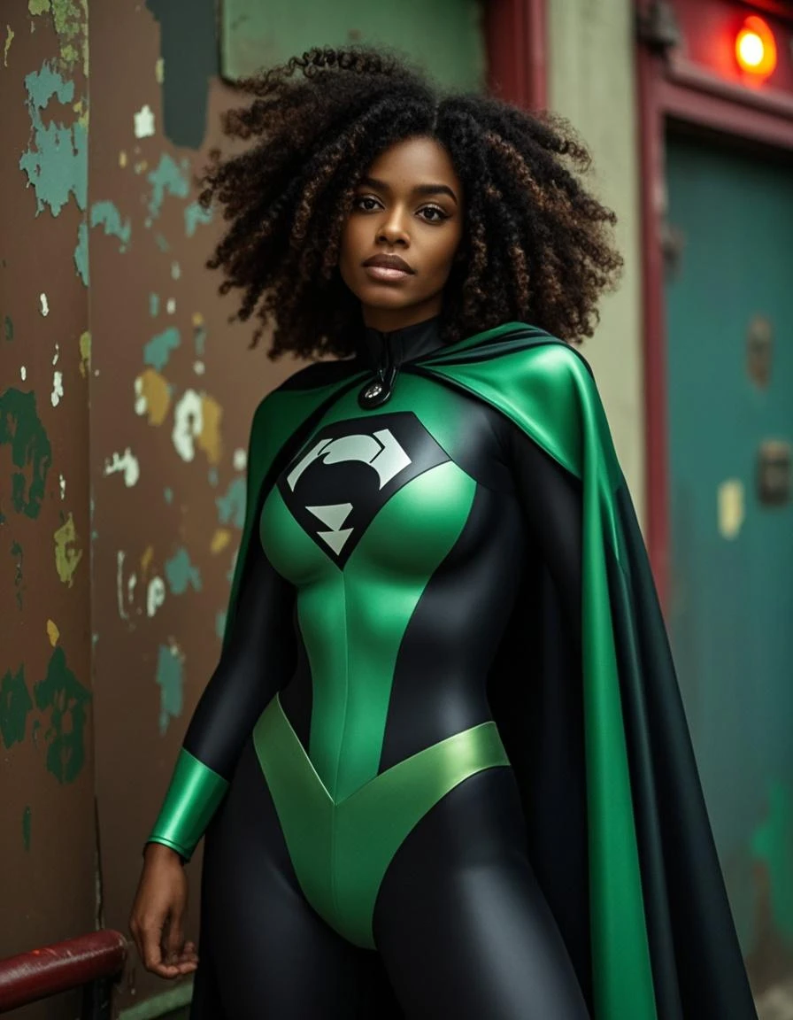 jadecargill2023, 1girl, best quality, masterpiece, 5 fingers, depth of field, full body, 5 fingers, raw photo, photorealistic, dark skin, green hair, turtleneck, smile, looking at viewer,  storm \(x-men\), catsuit, tactical, cape, lightning, rain, flowing hair,