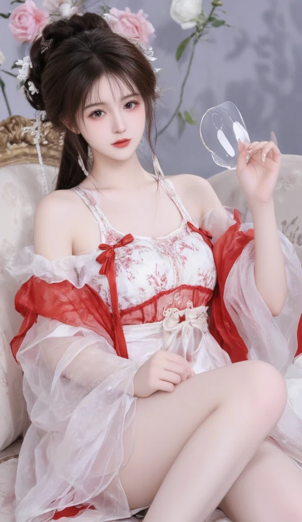 8K ultra hd, masterpiece, a girl, beautiful face, detailed eyes, detailed lip, very long hai, robe dress, red sexy robe dress, high light, sunny weather, blur effect, sitting on the water,
