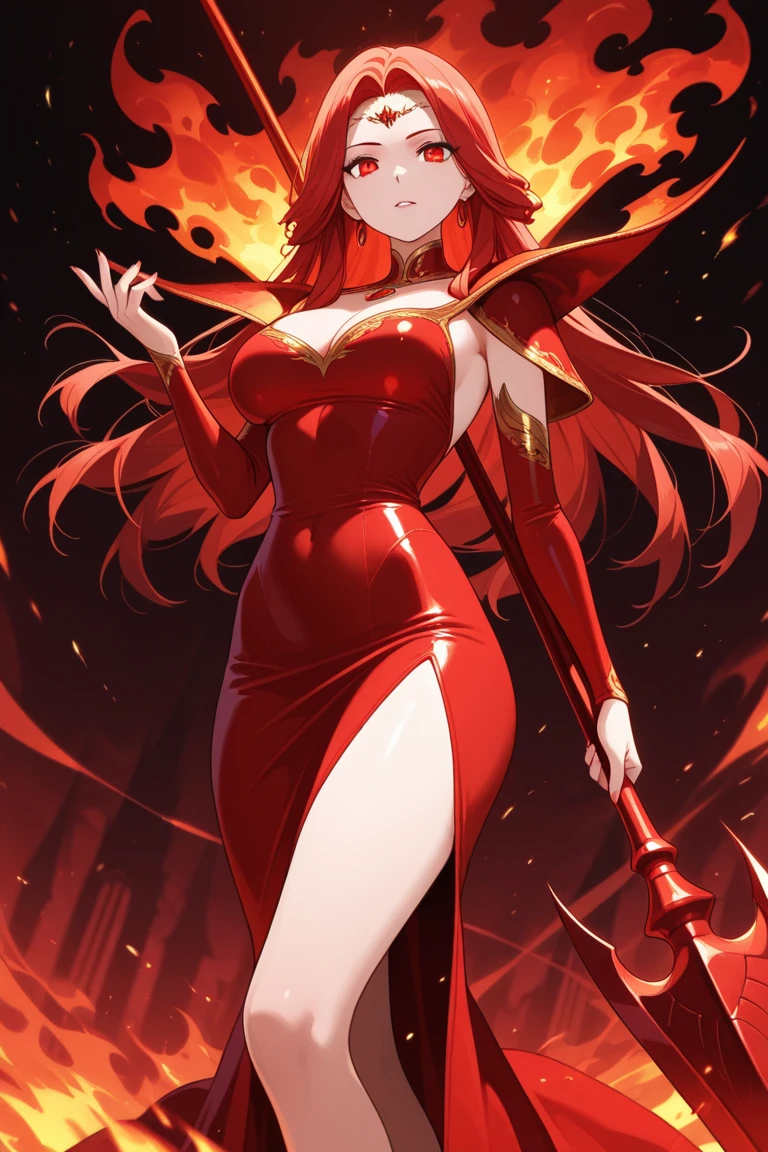 Masterpiece, ultra defined details, Girl, full body, super detailed eyes, long red hair, red eyes, glowing eyes, short red oriental dress, red gloves, serious and annoying expression, perfect anatomy, big breasts, hourglass body, body fire , firepower, scenery on fire, burning city, fire particles, detailed scenery, cinematic effect