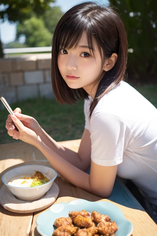 ponytail, A female junior high school student sitting on a bench and eating a sandwich