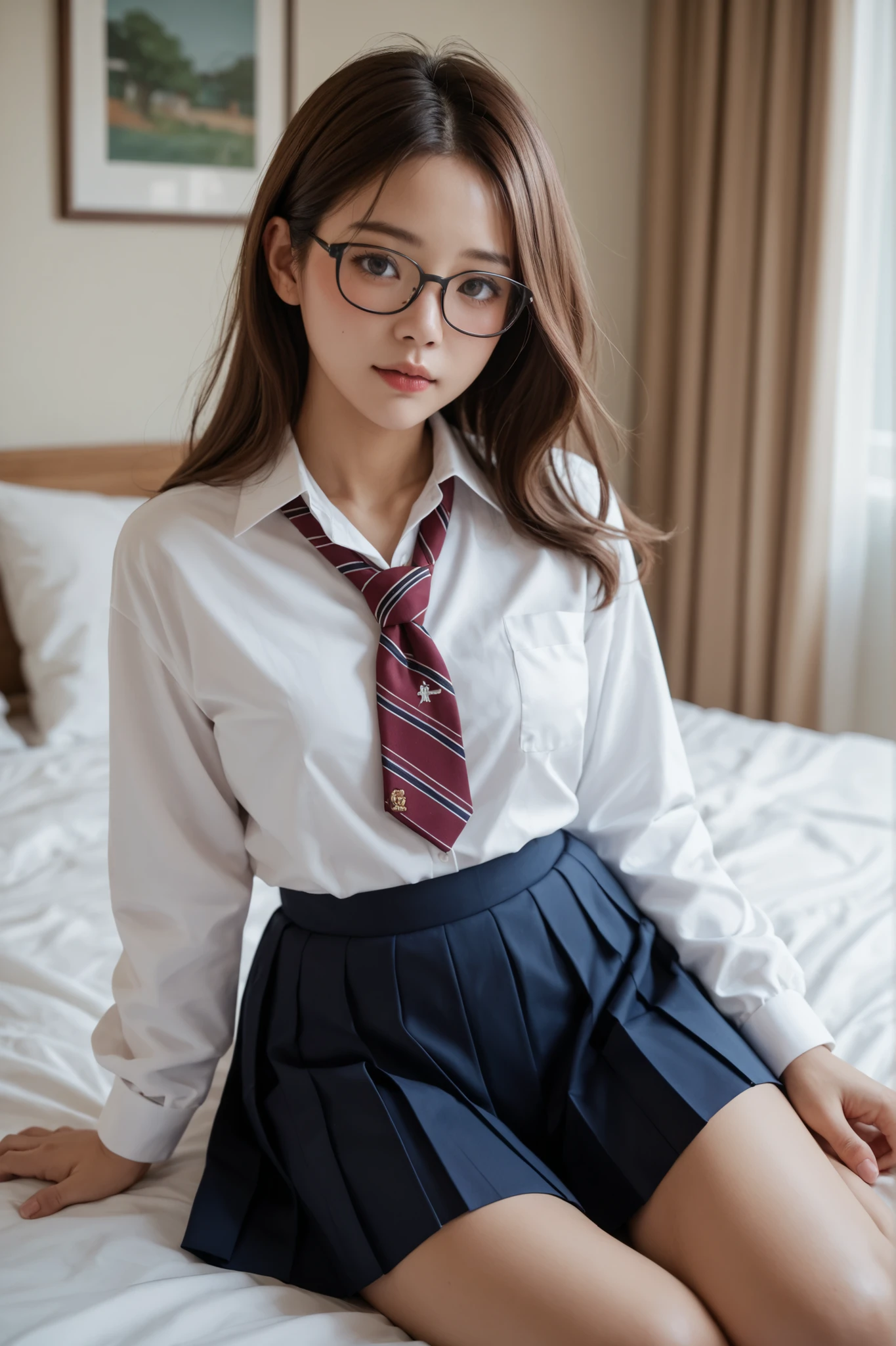 (in 8K、Raw photography、top-quality、masterpiece:1.2),watching at viewers,Looking at the front,Tie a side ponytail、Hang your hair on your chest.,Bullish,Muchimuchi,Erotic,Pupils,Light Blue Bra,de pele branca,kne,absurderes,a small face,small tits,flat breast,Parting the bangs from the middle、Forehead visible,(A smile,Tight eyes,skinny,Rasping)、masterpiece,top-quality、超A high resolution,Raw photo,ren,Beautiful fece,One Person, 独奏,eye glass,,Dark look,Small breasts,fullllbody,Round glasses、cute little、Back to Student,JK school uniform,hi-school girl,Korean Idol,is standing,(Photorealsitic:1.37)、Photon mapping,Realistic、Cute little face,Brown-eyed、Black socks、(Red bow tie)、Radio City、Physically Based Rendering、Foreground、depth of fields、Blurry background、a picture,The girls、Body,beauty legs, Long legs, Thin leg,Tie your hair into one strand on your chest,(Bangs are visible), hair, s lips, Blue_The eye, nosesoft,(Light blue shirt), (Plaid pleated skirt), Knees are visible,Sheer clothing,, Thigh, Black cotton socks,Nogizaka Idol, 女優, sit down and open legs、Exposed underwear