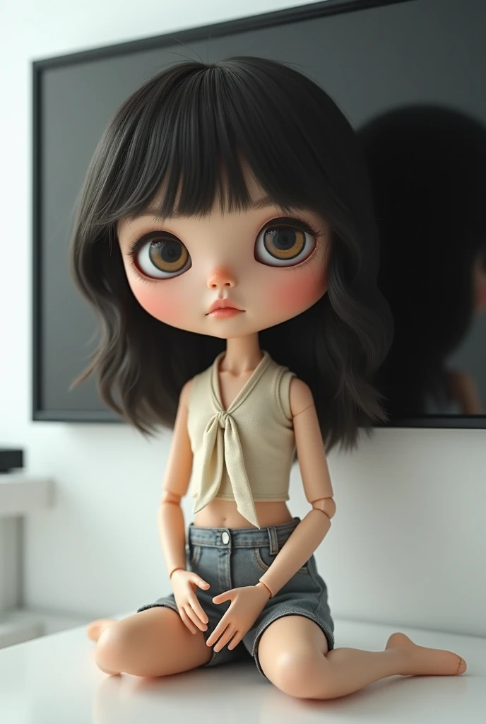 blythe doll with big brown eyes, long eyelashes, divided left eyebrow, a mole under the left eye, a piercing on the right side of the nose, short shoulder-length hair without bangs, brown hair, wide black blouse showing one shoulder, silver moon earrings and choker