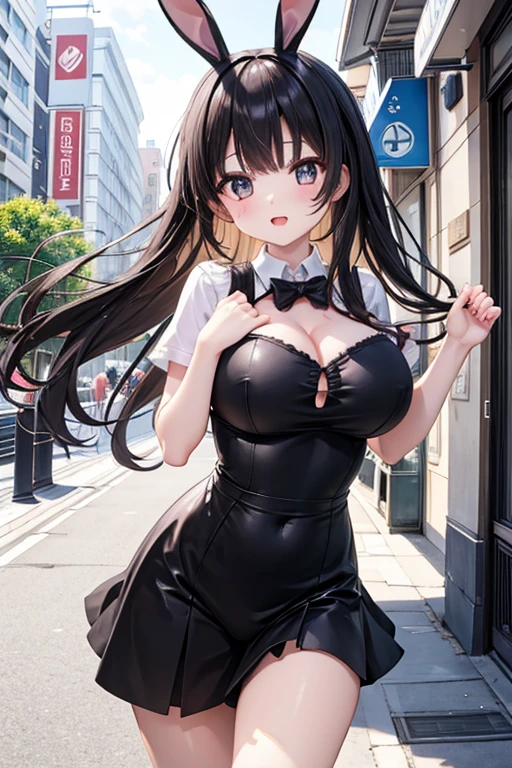 misakiao, 1girl, masterpiece, highly detailed, absurdres, illustration, game cg, solo, hair ribbon, looking at viewer, blush, city street, (bunny), bunny ears, strapless leotard, detached collar, wrist cuffs pantyhose, high heels, standing