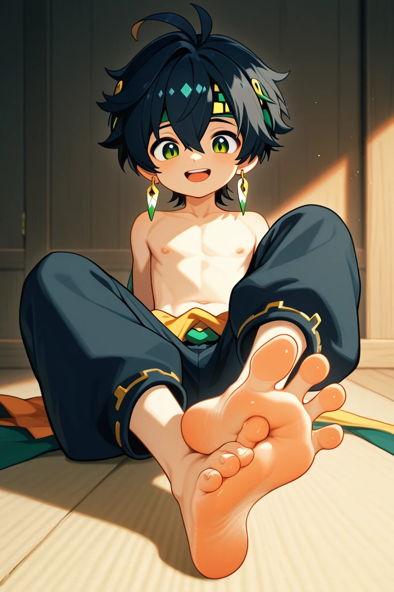 Thai boy, 7 year old, evil smile, villian, psychotic eyes, tan skin, blue hair bun, wear blue loincloth, Wear gold jewelry, inside the palace background,