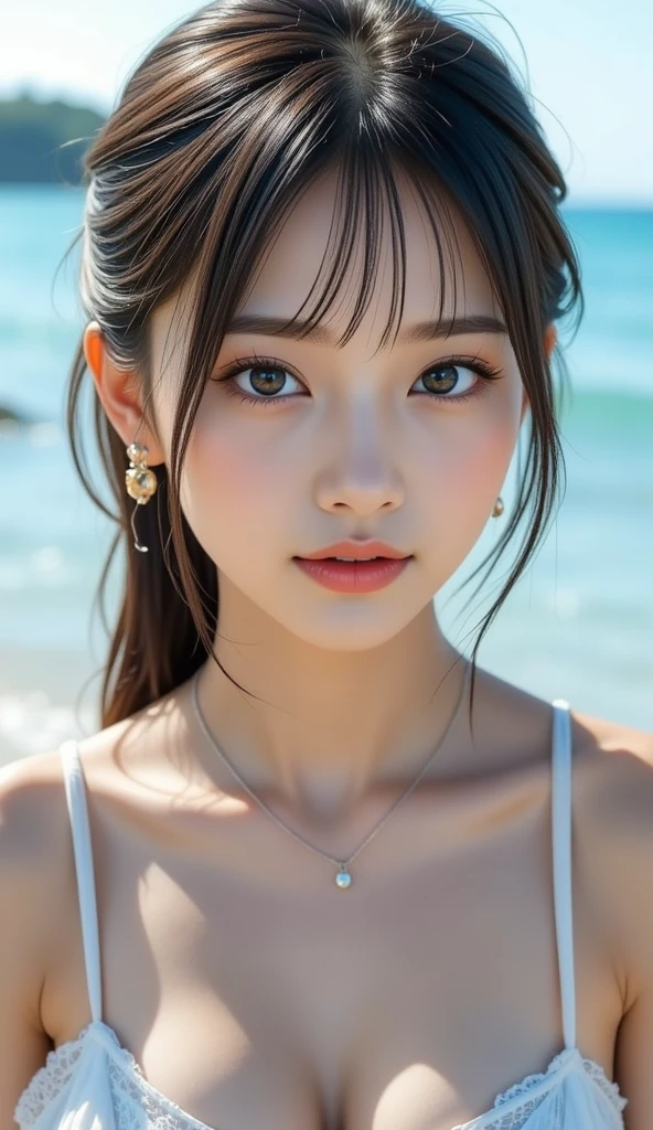 Mustepiece, top quality, illustration, ultra-definition, fine details, high resolution, 8K wallpaper, perfect dynamic composition, beautiful detailed eyes, wearing a dress, natural color lips, beach, random cute pose, perfect and beautiful face , cute, sexy face, sunset, feminine face