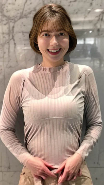 ((highest quality)), ((masterpiece)), (be familiar with), Perfect Face, Mature Woman, 50 years old, Japanese,  After a, Big Breasts, Large areola, Erect nipples, Round Small face, Big Nose, Slit eyes, Cat-like eyes, , Big Ass, Upper body portrait, Tank top, Thin fabric hot pants,bra, Wavy Short Hair,