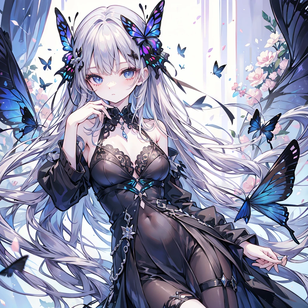 1girll, Planes, Planes, Animal, antennas, bangs, Bare_bshoulders, Barefoot, honeybee, Beetle, Bird, Bird cage, Blue_Butterfly, Breasts, Bugs, Butterfly, Butterfly_Hair_decorations, Butterfly_Net, Butterfly_On_hand, Butterfly_print, Butterfly_Wings, cage, Center_opening, cleavage, crystal, dragonfly, Fairy, Fairy_Wings, mitts, Glowing_Butterfly, Hair_decorations, hand_Net, insect_Wings, kashiwazaki_Year's on, Large_Breasts, Long_Hair, Looking_at_Animal, Looking_at_peeping at the viewer, navel, Night, Night_sky, origami, Paper_Crane, parted_Lips, purple_Eyes, Silk, Sitting, Solo, spider, spider_web, Star_\(sky\), Starry_sky, Very_Long_Hair, White_Butterfly, Wings, Yellow_Butterfly,White color hair,,Solemn,Noble,dream magical,Sick,shackle,Playing,control,(Autumn 2.0),Show love,Chains,binding,(Ahh.0),(There is an unknown white liquid on the lower body3.0),(Ass focus:2.0),(Wedding dress 3.0)