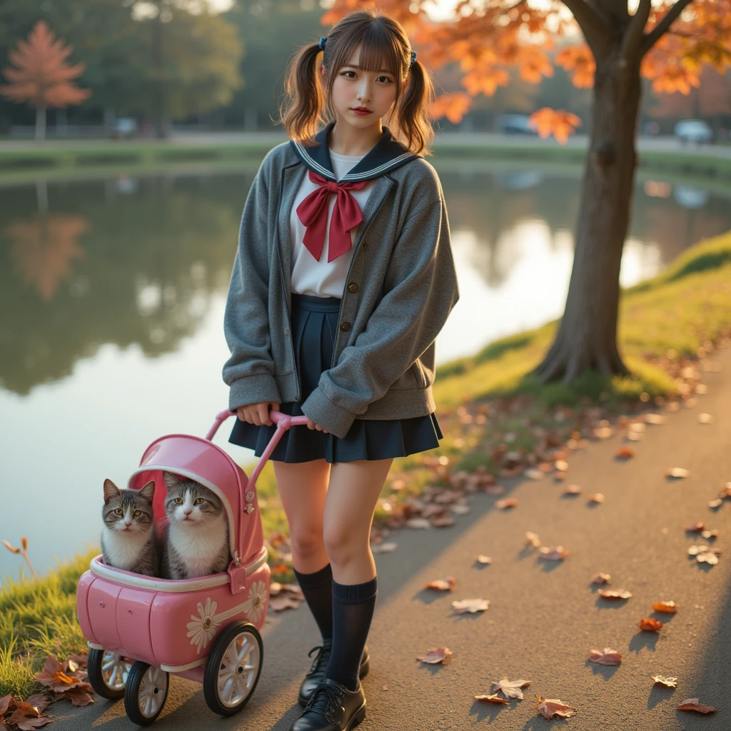 small girl with raincoat and backpack, big greenish eyes and long brown hair, walking with her dog on a flowery sidewalk