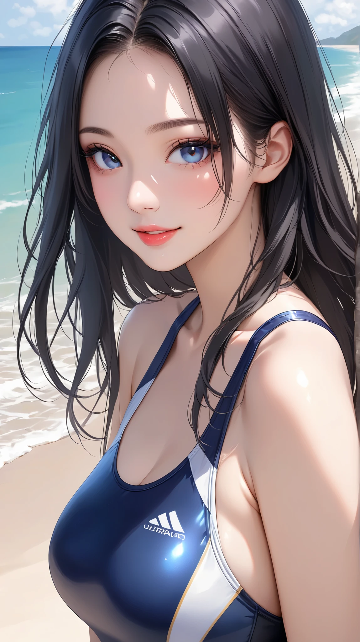 masterpiece、highest quality、High resolution、high quality images、8K, 1 female、skin luster、Texture of skin and clothing、Expression of fine eyes、glossy black hair,long hair girl, Manga inspired by Lee Jong-suk, trending on deviantart, realism, detailed manga style, manga art style, perfect line drawing, beautiful line drawing, digital manga art girl, K-POPアイドル, dress, beautiful light blue eyes, plump lips, detailed gorgeous face, (cute smile), charm, innocent, Side view, (perfectly detailed face), (fine hands) photorealistic images, Depth of written boundary, half up hairstyle, warm sunshine,swimsuit,cloud,sky sky,The skin is delicate,