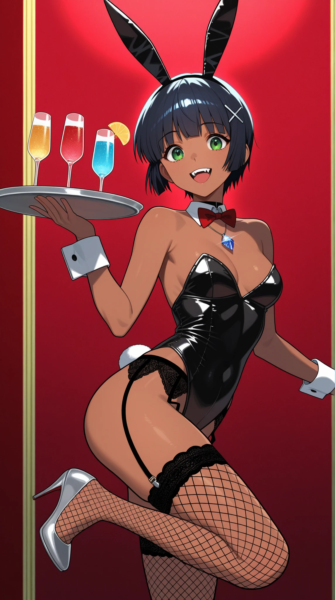 Yoshitaka Amano ~ Gris Grimly ~ Masamune Shirow ~ Tomer Hanuka ~ Bratz ~ ultra detailed gorgeous, {a smiling girl wearing a black bunny girl suit no bunny ears}, she's wearing a bunny girl one piece suit with fishnet stockings, {{{no bunny ears}}}. looking towards the camera, This contrast between the fantastical character and the more bold color scheme and elements gives the piece an intriguing narrative quality. painted realism, photorealistic, 8k, fantasy digital art, {{dynamic full body pose}}, HDR, UHD