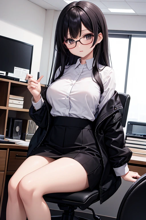 a female professor ,Very plump figure,Wearing black suspender stockings,White shirt and black hip skirt, Resting on the table in the library wearing clear half-rimmed glasses,oriental face,Sling stockings,The abdomen is graceful,thin waist and long legs,