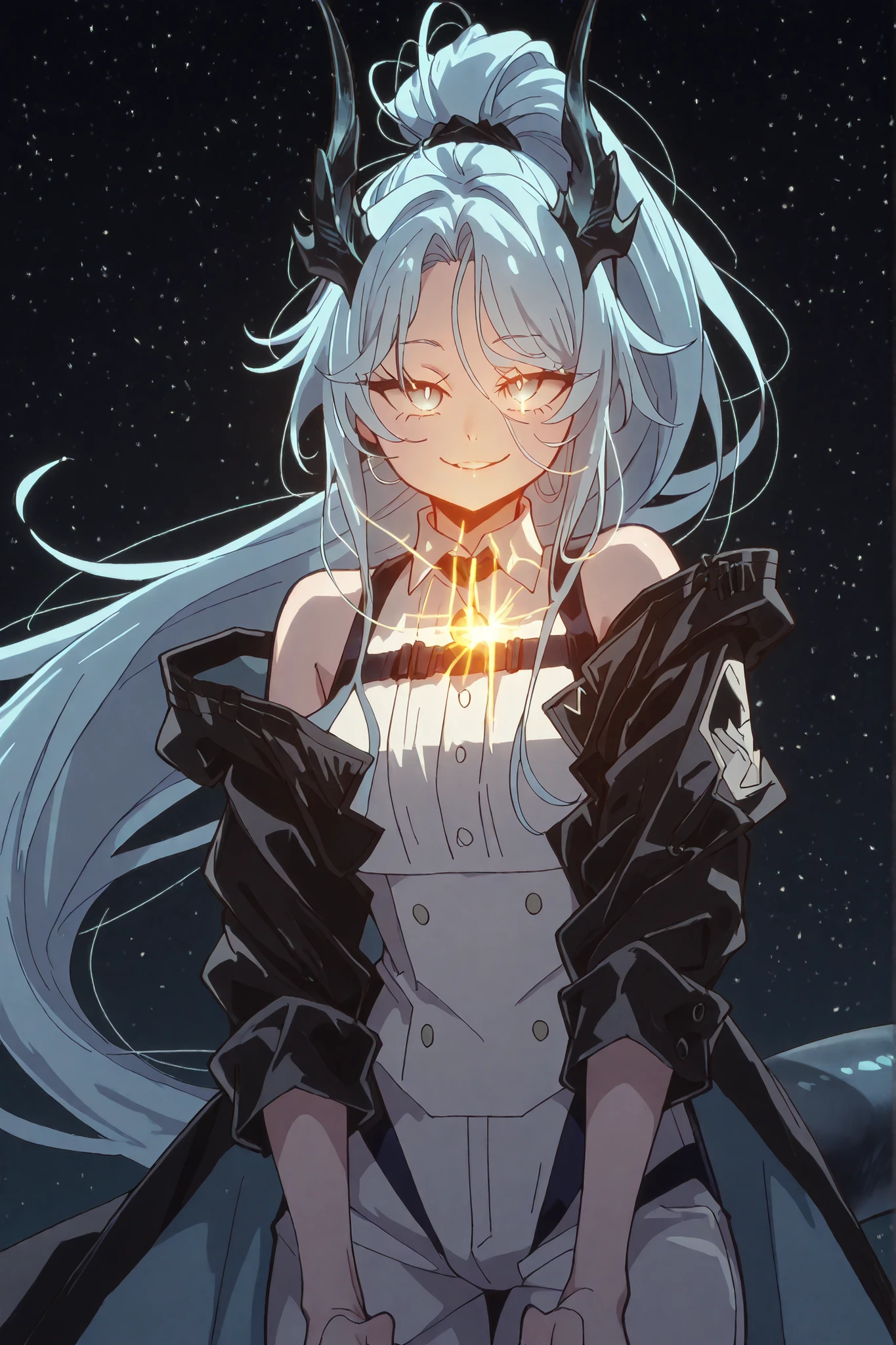 alone, 1 boy, young male character, character with height and body of Lloyd de Saloum from "Tensei Shitara Dai Nana Ōji", the character is a young boy;
white hair, hairstyle like Sylpha Langlis from "Tensei Shitara Dai Nana Ōji", hair tied in a very long ponytail, the character's face should be the same as Sylpha Langlis from "Tensei Shitara Dai Nana Ōji" but with blue eyes, flashy blue eyes, provocative face, provocative smile, young, perfect and beautiful face, male character;
perfect anatomy, arms with colorful design like those of Dusk from "Arknights", arms with sky blue color, hands with sky blue color, hands with claws, shoulders with sky blue runes, cyberpunk design clothin;
black coat like Dusk from "Arknights", body-hugging tech suit cyberpunk design in black colors with gold details, shoulders exposed, short stature;
black background, attack position, looking at the viewer, and hands with blue details, arms colored in the style of Dusk from "Arknights" but in sky blue, the inner clothing must be black with gold details and must be tight to the body with a cyberpunk design, the character has long horns like Reed The Flame Shadow from "Arknights" and a black dragon tail with a silver-blue flame at the tip of the tail;
Flashy pose, shoulders and head exposed, close to the face, looking at the character, looking at the viewer, face to face, provocative smile, confidence, height and body similar to Lloyd de Saloum from "Tensei Shitara Dai Nana Ōji", male character, character is a young boy, greatsword completely black, the character is a boy, the character has long horns like Reed The Flame Shadow from "Arknights" and a black dragon tail with a silver-blue flame at the tip of the tail;