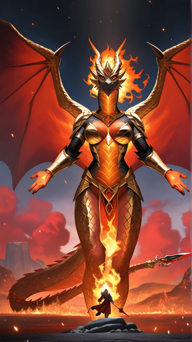 a female balrog, balrog, fire monster, monster, monster made of molten lava, wings made of fire, trailing smoke, smoldering embers, burning flesh, fire realm