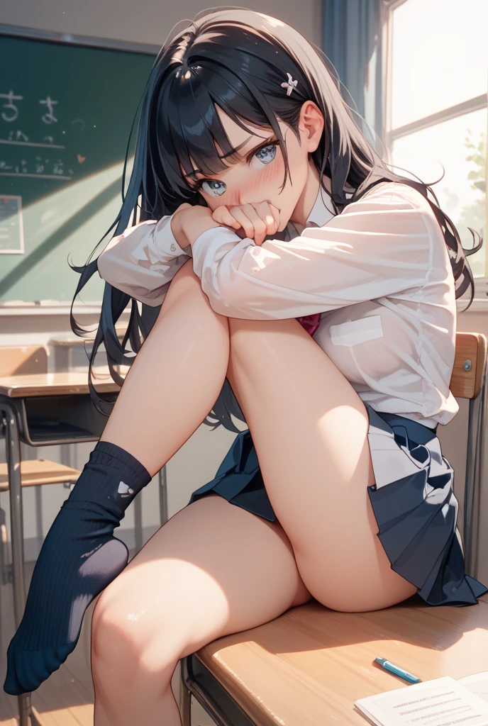Anime girl sitting at a classroom desk with a blackboard, beautifulアニメのhigh school girl, cute anime girl, white pantiesー,cute, seductive anime girl, anime moe art style, squatbeautifulanimegirl, anime best girls, Smooth anime CG art, attractive anime girl, cotton panties,surreal , young anime girl、wear sneakers、white panties、full color、(muste piece、 best quality:1.2)、High resolution、high resolution、in 8K、🎁Live-action、Raw photo、highest quality、masterpiece、 extremely delicate、High definition raw color photo、professional photography、 wonderful face and eyes、超High resolution、Raw photo、beautiful、beautiful、beautiful girl、(solo:1.2)、 black hair、big 、blush、smile、big 、 、view audience、squat、(Crouching panty shots:1.2)、fully exposed panties、blush、shy smile、outdoor、outside of home、Obscene content、pornography、high school girl、sit with one's knees、sit with your heels on the ground、hold your knees with both hands、shins facing forward、body facing forward、sit with your heels on the ground、open legs、open crotch、white panties、8k photo、Live shooting、最high resolution、masterpiece:1.2、real、photorealistic、high contrast、photon mapping、Realism、Super detailed、professional lighting、Low - Angle:1.2)、(1 girl)、(solo:1.5)、(Height is 165 cm), (18才のhigh school girl), (Japanese high school uniform)、(summer blouse:1.2)、(plaid short skirt:1.2)、(white shirt with student ribbon:1.2)、(squatting down looking straight ahead)、(open crotch:1.2), (white panties:1.5)、(camel toe)、(white sneakers:1.2)、 (perfect proportions:1.2), (White panties are visible under the skirt:1.5), (The detailed shape of the female private parts is clearly visible:1.4), (have pubic hair:1.4), (textured skin)、I can see the cleavage、(8K、RAW photo、highest quality、masterpiece:1.2)、(realistic、Photoreal)、1 girl、from the corner of your eye1Tsu Mole、((white blouse、sailor suit、red tie、Below-the-knee length red checked pleated skirt))、(high school girl)、40 years、Skirt rolled up、gal、lots of eyelashes、glitter on eyelids、skeletally correct、thi