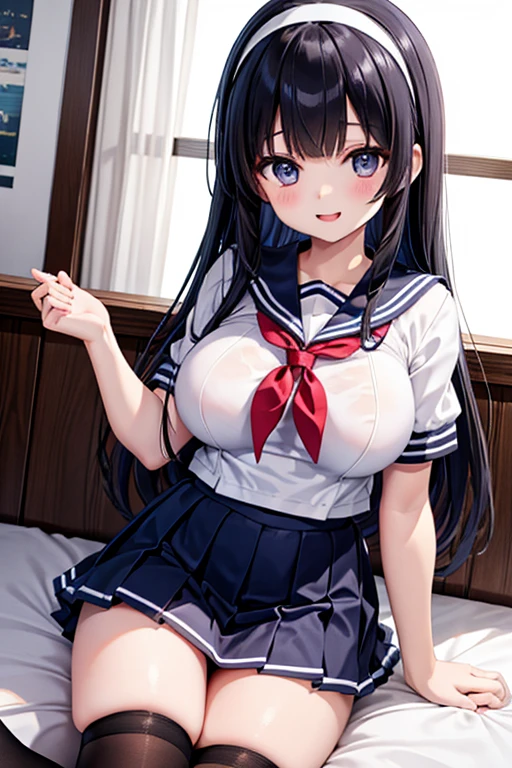 school girl, sexy body, sailor , big breasts, cleavage, big hip, stockings, garter belts, smiling, beautiful face, detailed face, very detailed eyes, long black hair, black eyes, beautiful eyelashes, (full body), high quality, detailed background, high resolution, red eyeliner make up, blush on, (best quality)