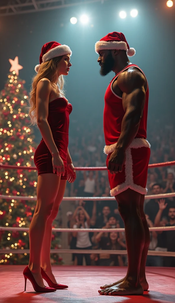 1man, 1woman. A beautiful and extremely muscular princess holds a very large man over her head. Gorilla press wrestling move. He is lying horizontally above her head. The princess is Robin Wright as Buttercup in the Princess Bride. She has long blonde hair and wears a white bridal dress and a silver crown. The princess is facing the viewer. The man is Andre the Giant as Fezzik. Obese, with gigantism, much larger than her, over 7 feet tall and 500 pounds. He has curly brown hair, and sideburns but beardless. He wears a loose gray shirt, simple blue pants and a wide leather belt.