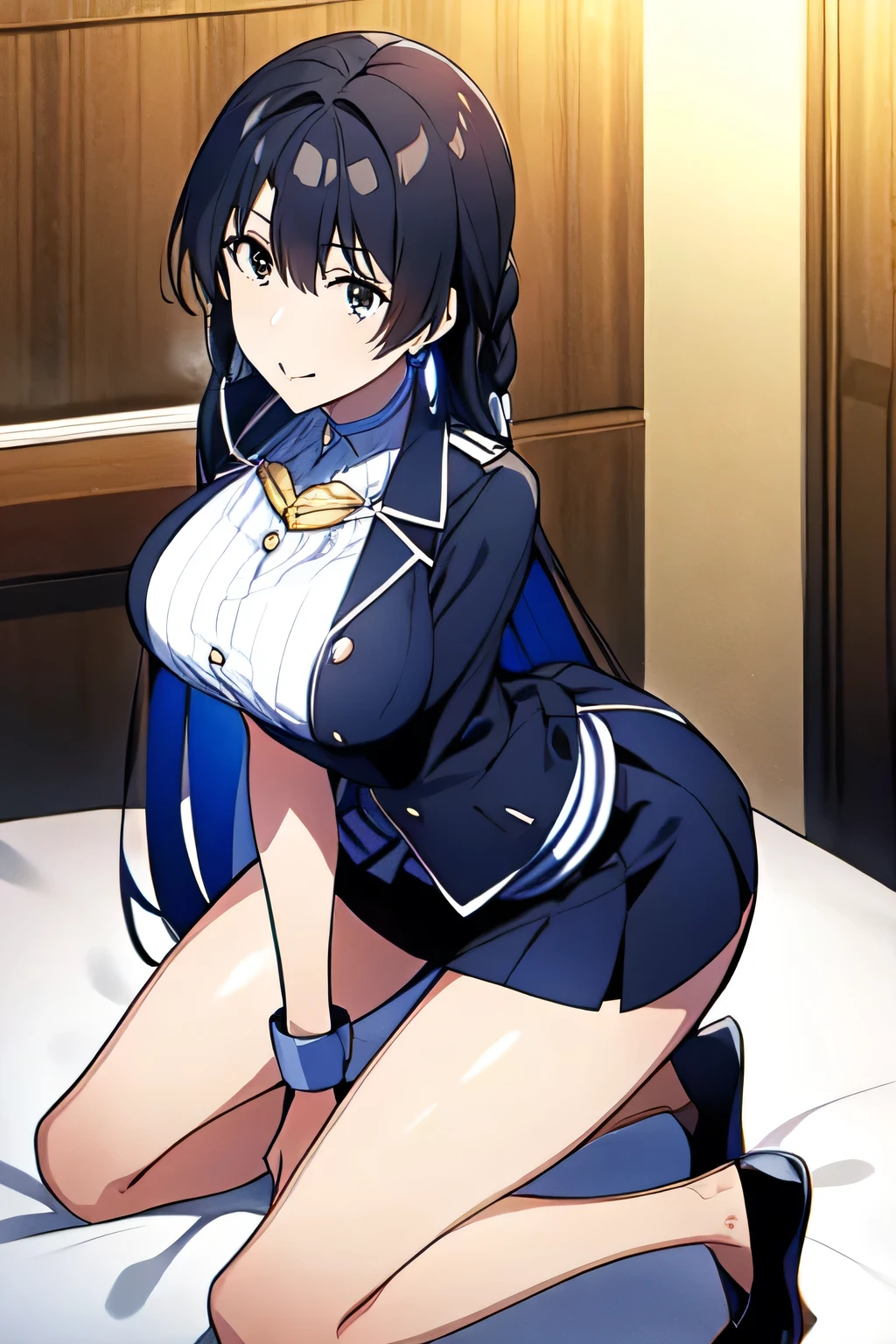 (Best Quality, 4K, 8K, hight resolution, masutepiece:1.2), ((独奏)),Ultra-detailed, (Realistic, Photorealsitic, Photorealsitic:1.37), Mature Woman,((Western-style room)),masutepiece, Highest Quality, Ultra-fine,max resolution, Extremely detailed, ((Black Maid Outfit,a miniskirt,thigh-high socks,white panties)),thong,Rat trail section,happily face,Open mouth,Seductive thighs,cowboy shot,Braided hair,Blue-haired