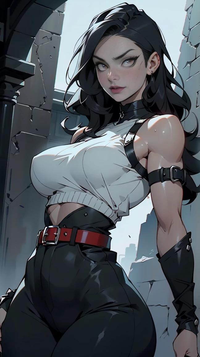 masterpiece,stunning realistic,best quality,sharpness,sharp face,smil,Photo of the fully body
black long hair,purple eyes,big ,tanktop,breast,Side breasts,cargopants with many pockets,open bellybuttons,opened up lags,black cloak,silver necklace,silver chain,black gloves