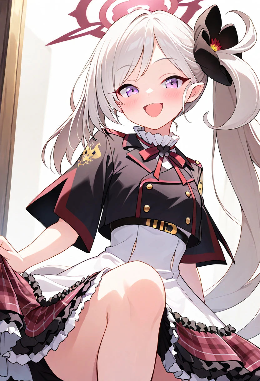 best quality, amazing quality, very aesthetic, absurdres, (1girl, mutsuki, blue archive, solo, red eyes, white hair, side ponytail), (realistic face:0.9),(thong:1.8),dress lift, (grin, blush, thigh:1.3), (cowboy shot), (glistening eyes), (half closed eyes:0.9), (), (official art:1.3), (panties around one leg), expressive eyes, perfect face, 4k, extremely detailed anime illustration, extremely detailed eyes, perfect anatomy, light rays, extremely delicate body, smooth skin, (anime background:1.5), clear eyes, beautiful face, small breasts,(anime style:1.6), (Warm Light:1.5), (highres:2),
