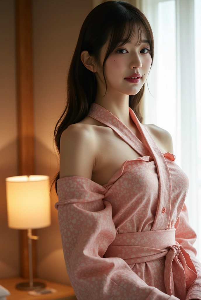 face  :9,41434626], A charming beautiful mature woman、40 years、key　154cm、Balanced body type、hourglass figure、Japan wearing yukata、Yukata at a Japanese inn、Shoulders out、clavicle、japanese model、sexy japanese women, Gorgeous Japanese Women, japanese goddess, laugh、RAW photos, (In 8K、best quality、masterpiece:1.2)、(intricate details:1.4)、(realistic:1.4)、octane rendering、Highly detailed 3D rendering, studio lighting, rim light, vivid details, super detail, realistic skin texture, detailed aspects, Beautiful details for the eyes, Highly detailed CG Unity 16k wallpaper, compensate, (detailed background:1.2),　glowing skin、