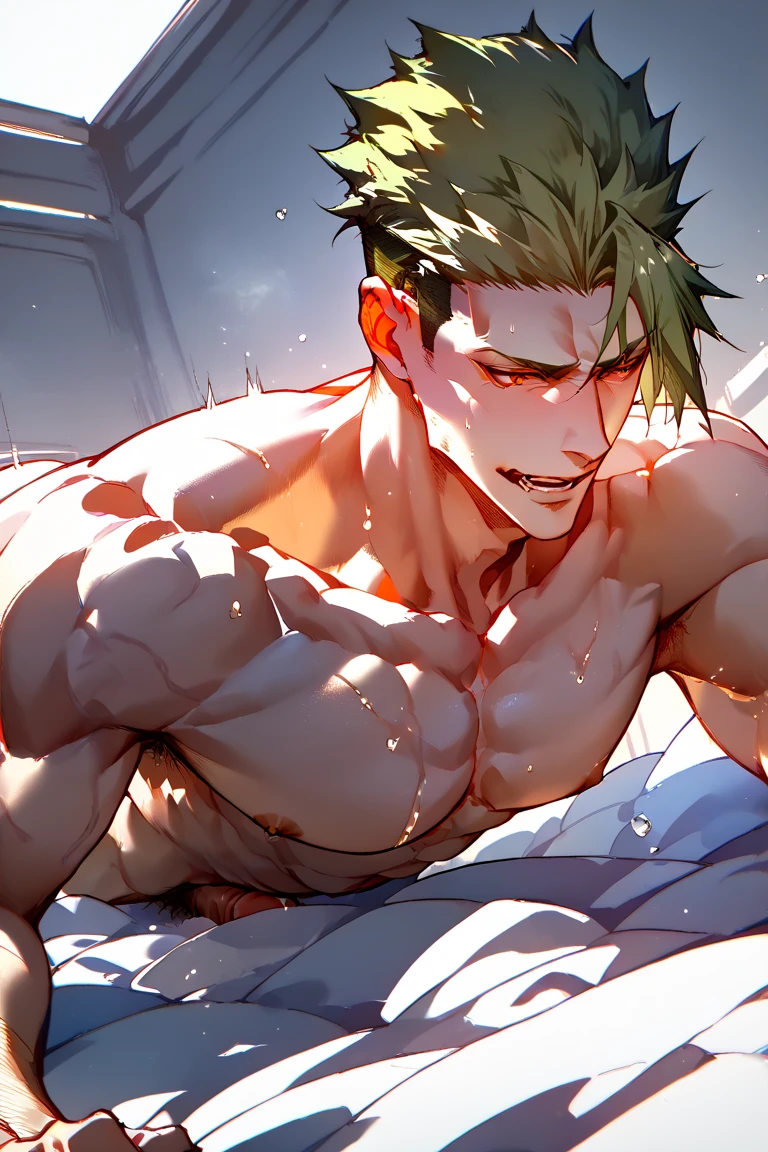 The Sealed Demon King man. topless, Just by wearing cow print clothes. another world. Fantasy. Chained. Hellish Place, Sweaty body, Embarrassed face, White eyes, Bent legs, Lying down, Lift your thighs yourself, male only, male focus, yaoi, anime style