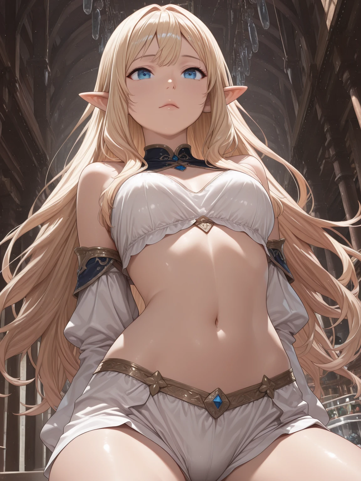 The elf is very beautiful, her body is slim and toned, His skin and hair are white with gold tones., His eyes are golden with a beautiful shine., his countenance is very attractive, her hair short but well combed, Her legs are slim and toned and her hands look very delicate both physically and mentally..