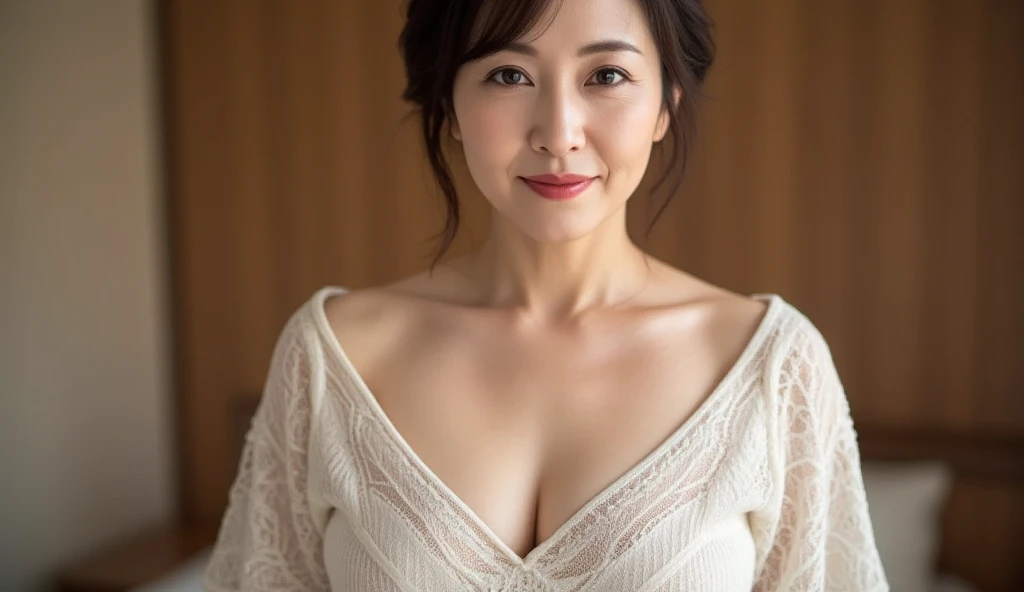 Beautiful and mature 55 year old Japanese woman, 1 female, Married women, Long eyelashes, Low Ponytail, Flowing Hair, Red lipstick, Rosy Cheeks, Pearl Necklace, Earrings, Dark eyeshadow, Small breasts, bikini, (Highest quality,4K,8k,High resolution,masterpiece:1.2),Very detailed,(Realistic,photoRealistic,photo-Realistic:1.37),High resolution,超High resolution,Studio Lighting,Ultra-fine painting,Sharp focus,Physically Based Rendering,Very detailed説明,Professional,Vibrant colors,Bokeh,Portraiture