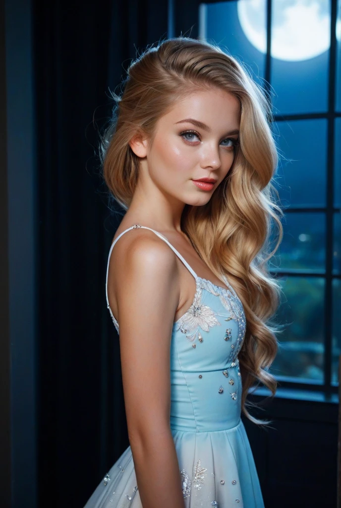 Realistic photo of the upper body of a smiling woman, beautiful blonde woman with long hair, She dances in front of the camera in a long A-line bridesmaid dress with straps made of shiny red satin., Park,glamour fotoshooting, Wedding celebration, perfect anatomy, perfect blue eyes. Perfect hands with 5 fingers on each hand, Suitable woman , look into the camera, 1 Frau. (Eye make up:1.1), (highly detailed skin:1.1), spirit, analog style, keen focus, 8K  UHD, dslr, good quality, Fujifilm XT3, Grain, Award-winning, ​masterpiece. Wedding celebration