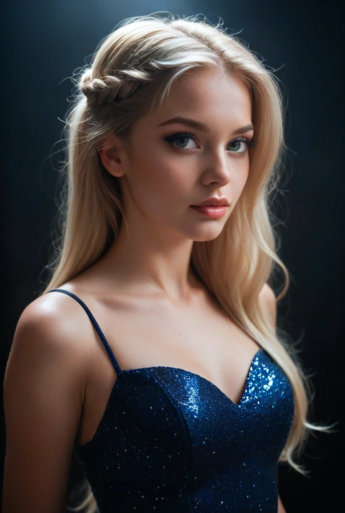 a beautiful 25 year old blonde woman, full body, in a blue dress, in a party atmosphere, high quality, realistic, masterpiece, 8k, cinematic lighting, 
