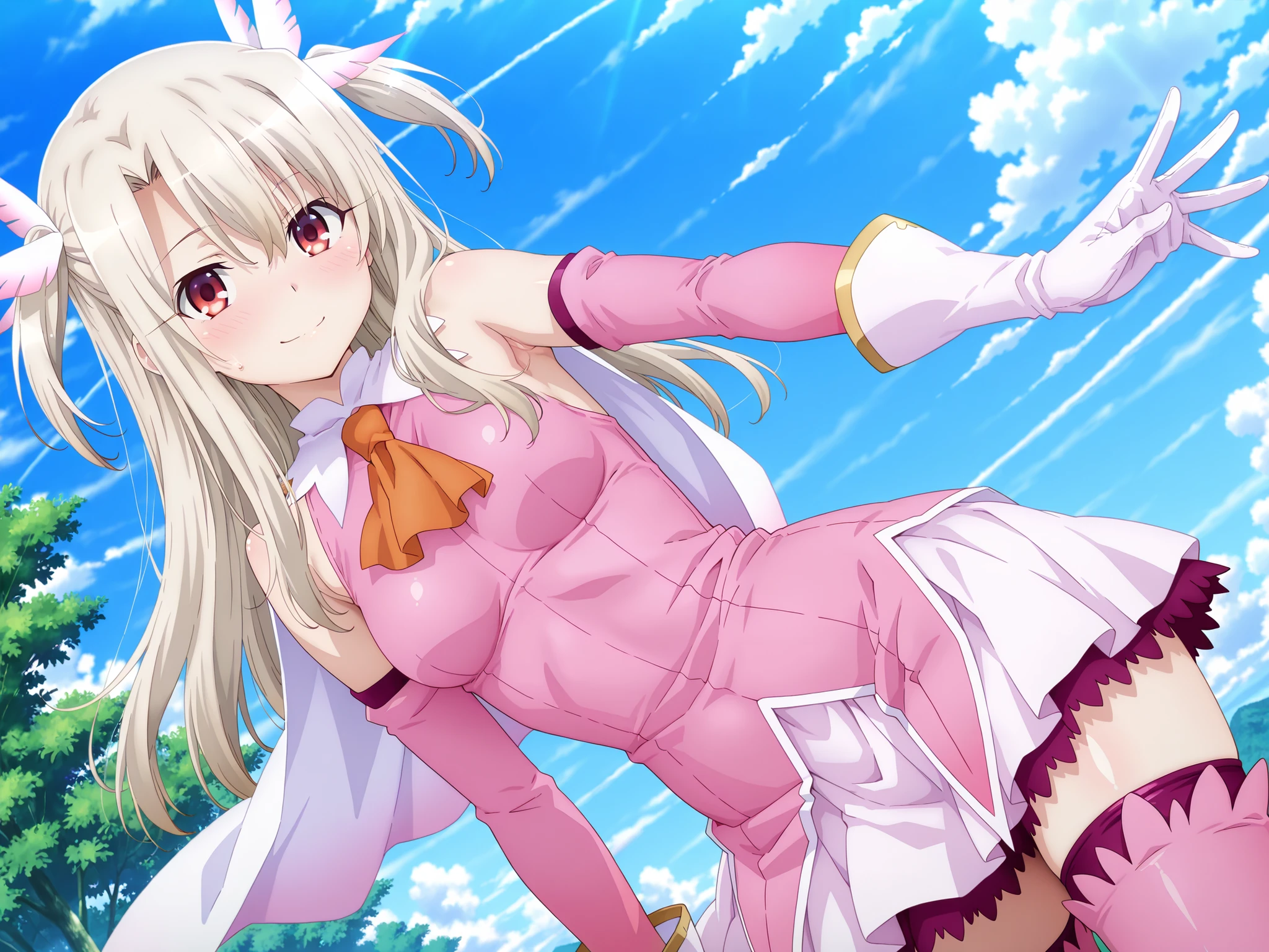 anime screencap,masterpiece,best quality, amazing quality, highres, absurdres, very aesthetic, high resolution, ultra detailed, perfect details,1girl,illyasviel von einzbern, long hair, blonde hair, two side up, hair ornament, red eyes,medium breasts, bare shoulders, magical girl, cape, orange ascot, pink shirt, sleeveless, detached sleeves, white gloves, white skirt, pink thighhighs,(masterpiece, detailed:1.2),looking at viewer