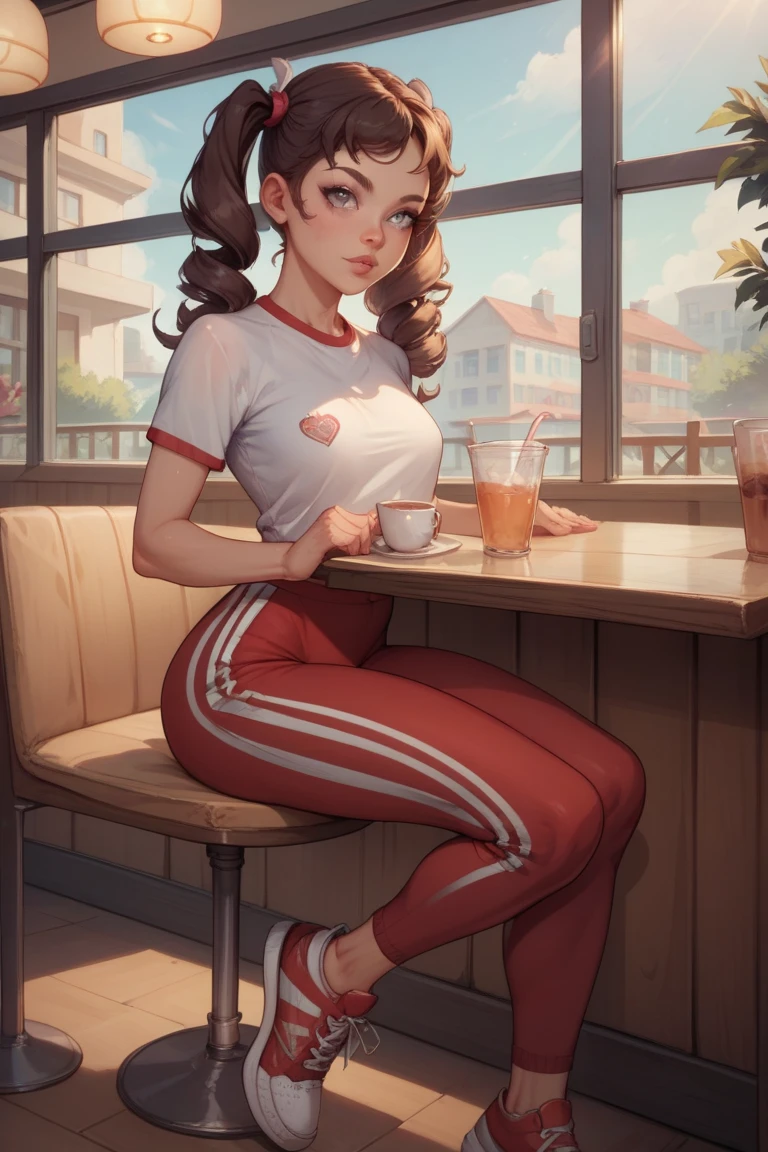 Caucasian (Russo-Italian) young female fitness instructor; athletic build; athlete; short dark brown hair tied in a small bun; hazel eyes; fair skin; wears a hoodie; in an apartment kitchen drinking a protein shake; exuding a rebellious and tomboyish attitude; large breasts; Disney-style, CGI; best quality; high definition; trending on artstation; complex volumetric lighting; shadows;