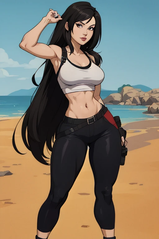 アニメ cel-shading Tifa Lockhart, red eyes, bikini, on the beach in ((anime + manga + comics + cartoon) style) 
