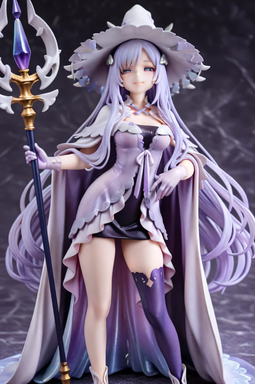 figure of beautiful tan elf, gigantic bulging breasts, long flowing white hair, Dramatic lighting, elaborate, glossy shiny wet skin, high heels, sexy black and gold high slit mage robes, , black and gold witch hat, holding a small magical orb with an aura around it, HD, 4k