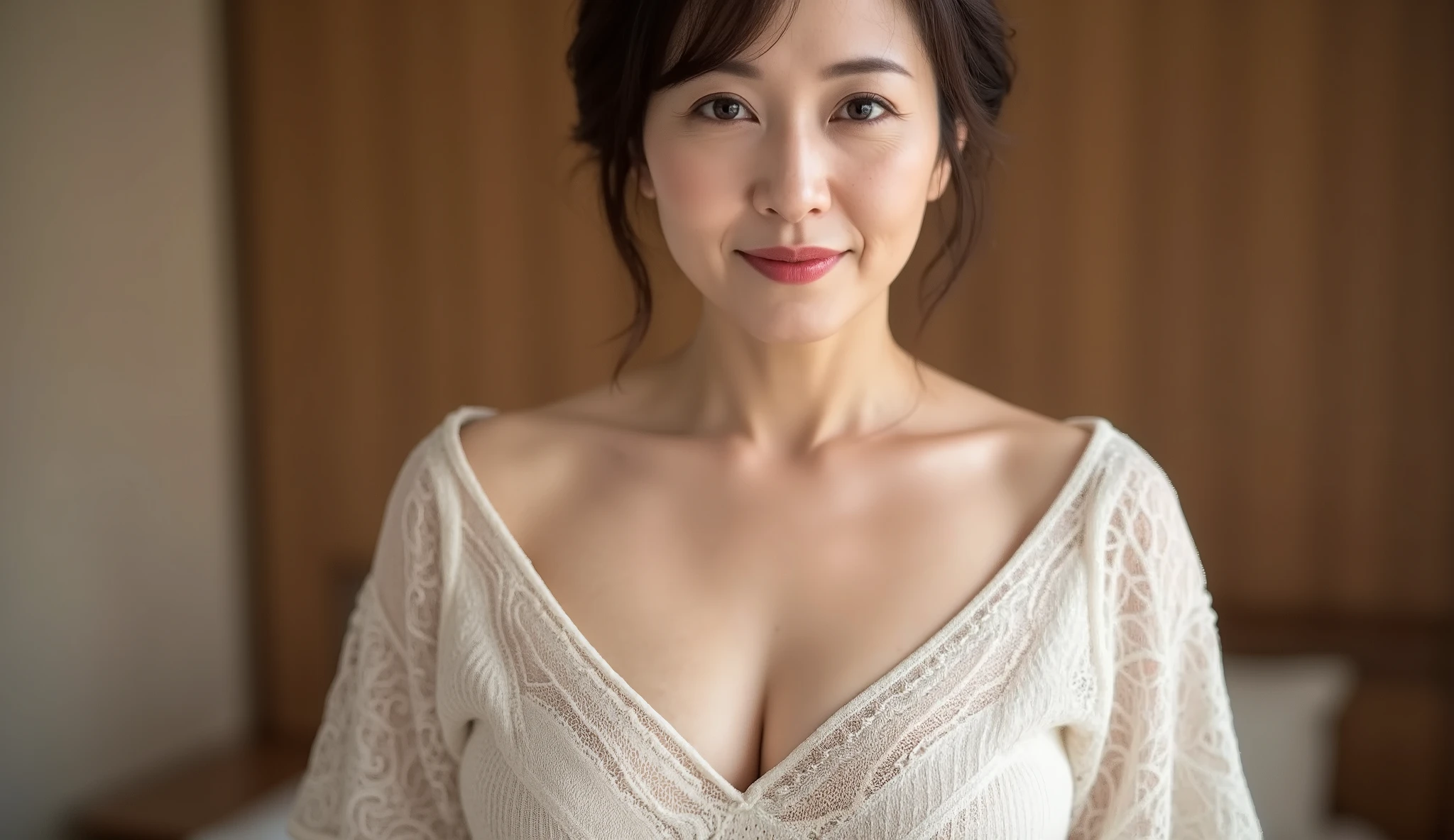 Mature Woman、 Japanese、48 years old (Mature Womanの魅力: 1.5)、 kind, Seductive Smile 、( nasolabial folds :1.4)、 Natural Aging 、warm eyes 、( upper body close-up :1.3)、 tender , Natural wrinkles 、 Beautiful skin (1.4)、 Highly detailed (1.4)、 Unmatched Beauty live venue with Bedroom in the Background 、(eye makeup with ingredients:1.3)、 (( heavy makeup、 Red Lipstick :1.2))、( eyeshadow)、( mascara)、(((HAIRSTYLES PUT UP IN THE UPDATE 、Short Sleeves、J-cup big :1.3)))、 serious expression s at training camp 、 kind表情、 of perfect feminine body lines 、 Standing in a Beautiful Posture 、 Realistic and Realistic (1.4)、 masterpiece、 Highest Quality、 Richly Written 、 physics-based rendering 、 Attractive Vibes、(((Sleek Fabric Shirts )))、(((point: Knee to Head Photography )))、((Short Sleeves knit、 fits my body, printed pencil skirt to hide your knees )) Background: [BedroomをBackgroundに。 ((( [Bedroom、 plump、45 year old woman)))。((( serious expression 、 kind表情:1.3)))