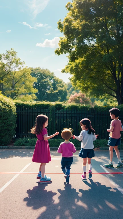 A tree on middle and three girls playing around it