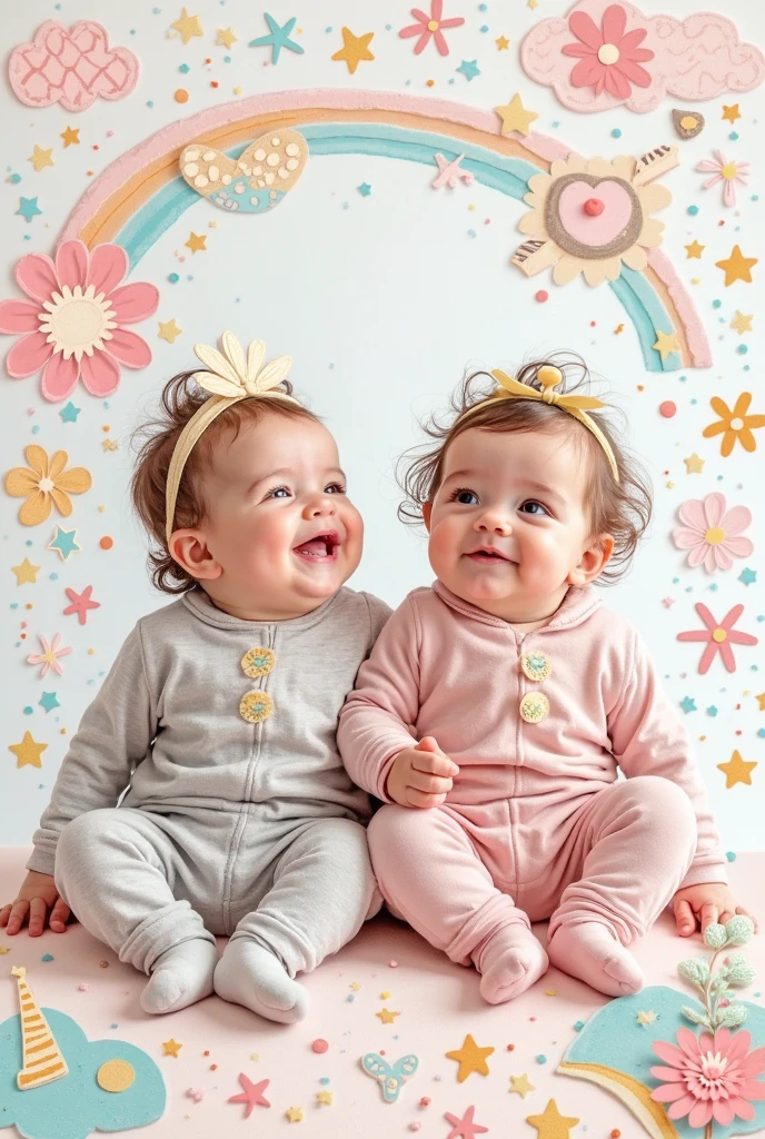 There are two babies lying on a pink and blue blanket, photoshoot, Bowater Charlie and Brom Gerald, portrait shot, studio portrait photography, facing forward, sweet looks, high quality portrait photoshoot, photo portrait of a backdrop, promotional photoshoot, both smiling for the camera, studio photoshoot, colorful, looking at the camera, Lying on your back, portrait photoshoot, promotional photography. Including a logo that consists of a combination of visual elements that represent the idea of secret, gender and baby. Using soft and attractive colors, the logo features the silhouette of a stylized key, symbolizing the secret,