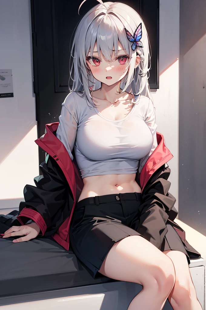 masterpiece,best quality,highres,illustration,hyper detailed,8k cg wallpaper,ray tracing,((white hair:1.2)),((red eyes:1.2)),((long hair:1.1)),((straight hair:1.3)),medium breasts,<lora:å¢å ç´°ç¯>,(hiten1:0.8),Naked Hoodie,((partially unzipped:1.2)),cleavage,<lora:naked_hoodie>,bottomless,pov,cowboy shot,black pantyhose,sitting,on bed,