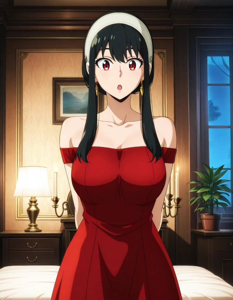 Highres, Masterpiece, Best quality at best,Best Quality,hight quality, hight detailed, Anime style, Yor briar, black hair, (red eyes:1.5), earrings, gold hairband, hairband, long hair, Seen from the front, Look at viewer, (medium breasts:1.2), smile, BREAK bare shoulders, collarbone, Strapless dress, red dress, thighs, BREAK indoors, BREAK looking at viewer, (cowboy shot:1.5), BREAK (masterpiece:1.2), best quality, high resolution, unity 8k wallpaper, (illustration:0.8), (beautiful detailed eyes:1.6), extremely detailed face, perfect lighting, extremely detailed CG, (perfect hands, perfect anatomy),