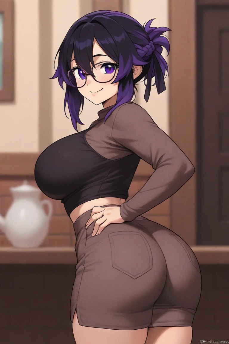 An anime-style artwork depicting Yoshioka_Maki from the game mesukyoshi4l.

Tags: Yoshioka_Maki, anime, detailed eyes, detailed lips, ass, (black skirt suit:1.1), (jacket:1.4), cleavage, pencil skirt, miniskirt,curvy, thighs, higheels, shiny clothes, skin tight, cleavage, long hair, solo, huge breasts,  (violet eyes), smiling expression, intense gaze, dynamic pose, indoor, palace, vibrant colors, digital art, high-resolution, professional quality, gigantic breasts, curvy, cowboy shot, (gigantic breasts: 1.4), curvy ass, (big butt : 1.4), (bubble butt : 1.4), from behind, back view,