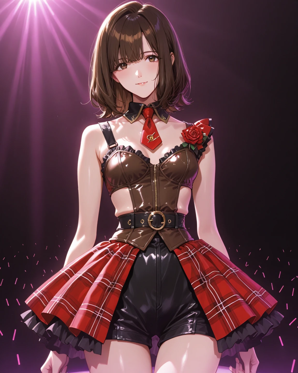 masterpiece, ultra high quality CG, best quality, perfect picture, solo, Duvalie (brown hair with braided buns, green eyes, bustier, cute, small breasts), embarrassed, blushing, sexy dress, shoulders showing, short skirt, looking at the viewer, in a hotel room, squatting, high heels boots, arms up, armpits, Medium Shot Camera Angle