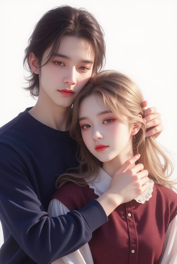 girl and boy, cuddle, boy cudding girl, Girl long brown hair, gray eyes, sharp features, white skin, cherry lips, bra