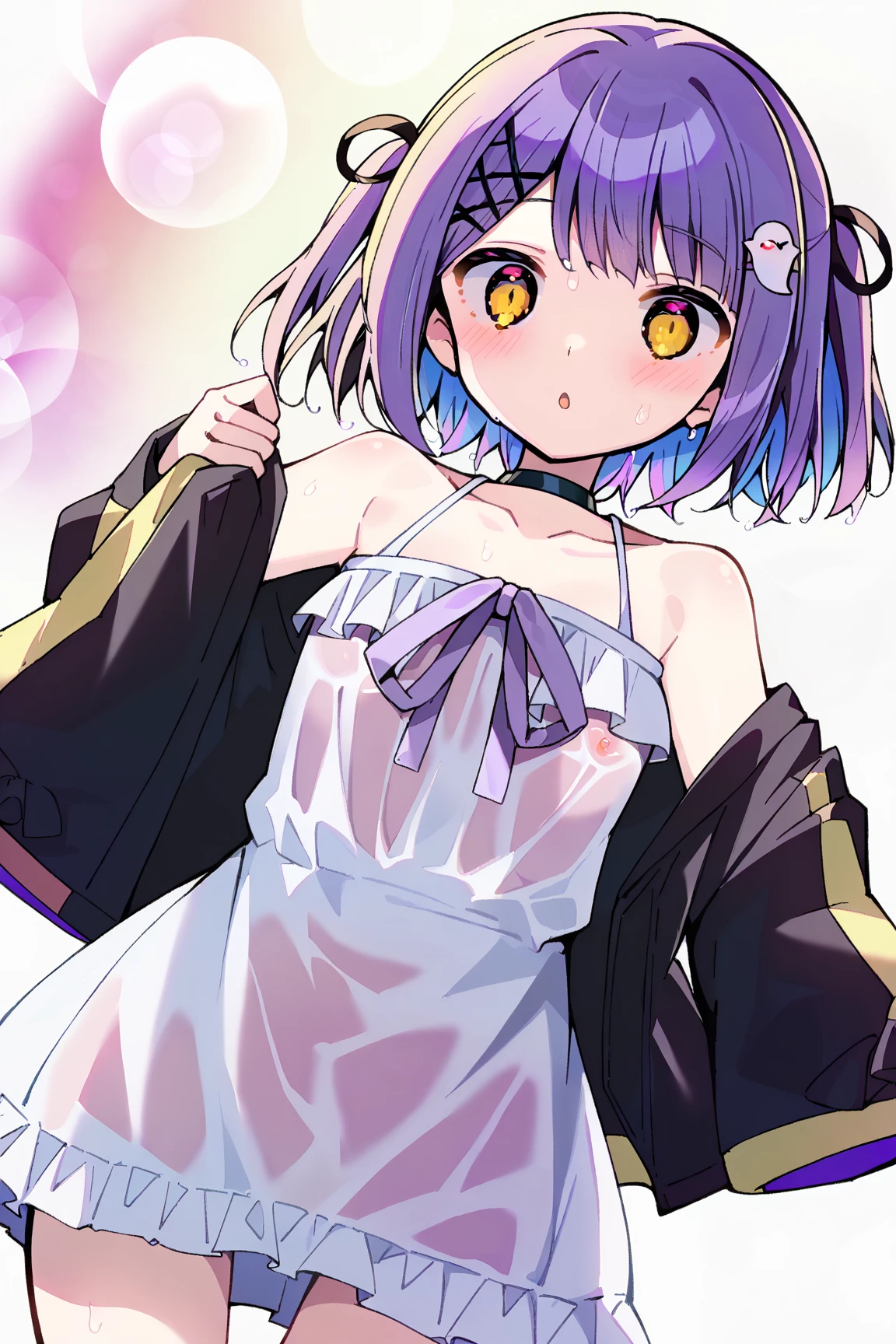 Masterpiece,Best Quality,Amazing quality,Highly detailed,NSFW,refraction,caustics,rim lights,backlighting,bloom,colorful colors,1girl,solo,(Shinomiya runa,ShinomiyaDefault),short hair,two side up,hair ornament,sleeveless dress,black choker,open jacket,wet clothes,transparent dress,blush,nipple