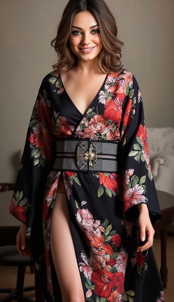 Professional, High level of detail, Full body photo (attractive 50yo woman:1.3), long black hair, tied up, gray eyes, (neon red-colored tight opened shirt)1.4, (red kimono flower motif, black latex skirt)1.455,natural lighting, (seductive:1.1), (blushing:1.1 ), (classy, elegant, dandy)1.2, (round natural breasts)1.2 (pokies)1.3, (toned body, hourglass body shape) (wipe hips), (full body with visible face and eyes)1.5, glasses, earnings, at spa, sit at bench, tattoo on body
