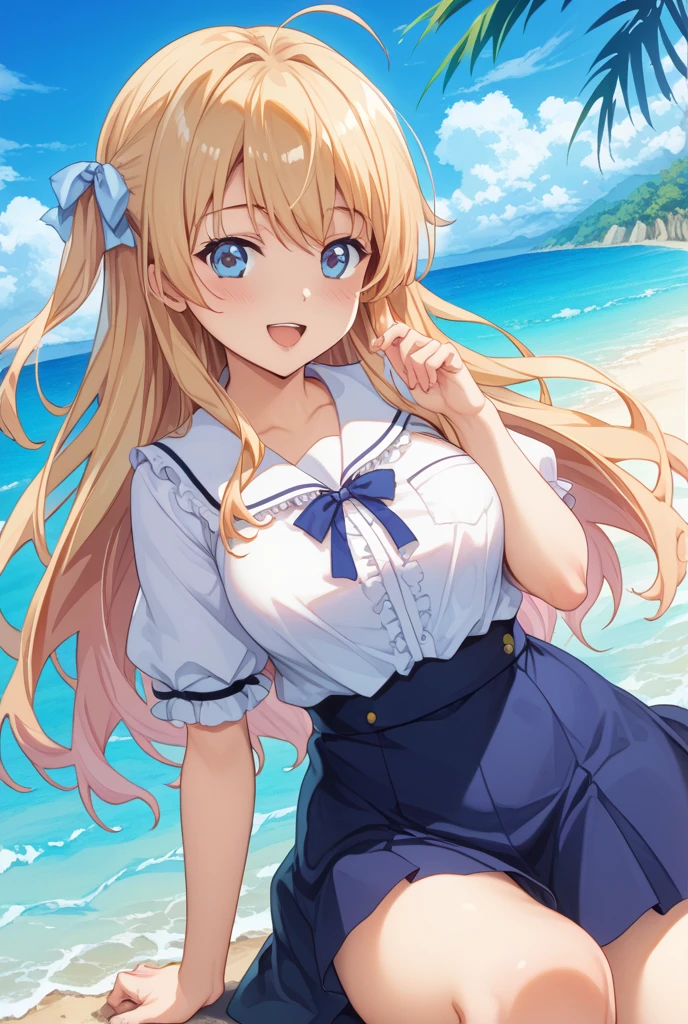 A cute white shirt that makes her look beautiful 、Light blue frilled flared skirt、She holds up her skirt with both hands、Showing off her cute white underwear、The white underwear you can see when you lift up your skirt is cute、Sandy Beach, Beautiful sea, Night and starry sky