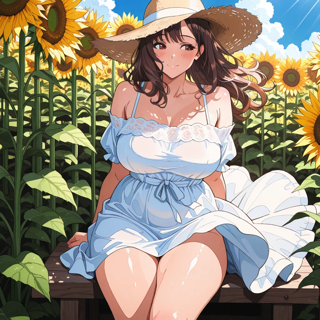 1girl, grass, bangs, bare_shoulders, blush, breasts, brown_hair, cleavage, eyebrows_visible_through_hair, grin, hat, large_breasts, long_hair, looking_at_viewer, off_shoulder, one_eye_closed, smile, solo