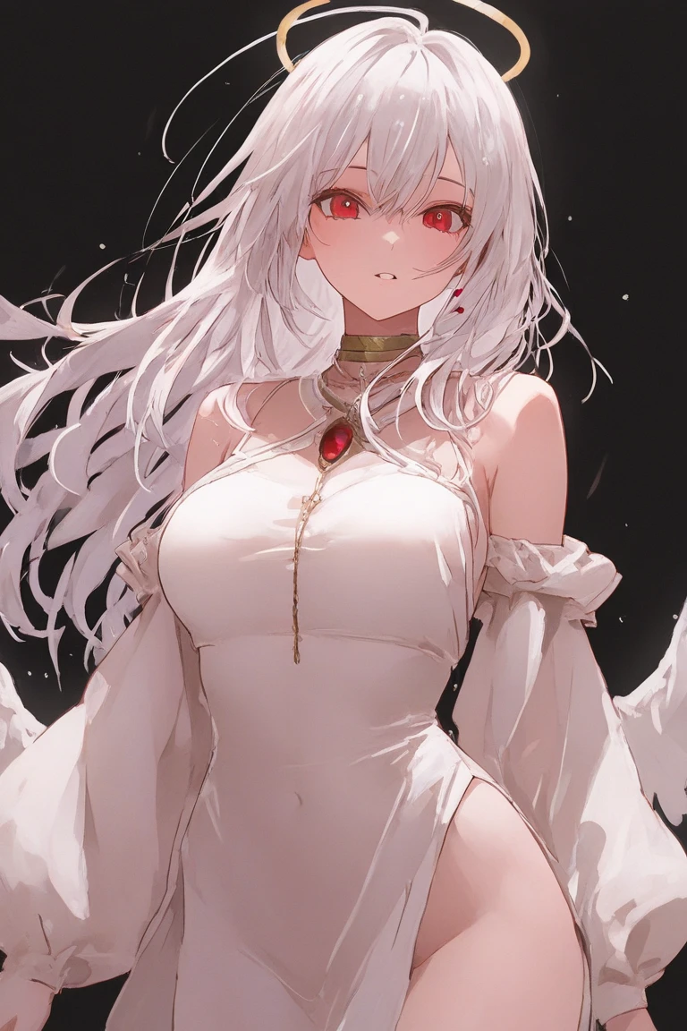 best quality, masterpiece, 1girl, breasts, upper body, close up, long hair, red eyes, white hair, dark skin, large breasts, very long hair, bare shoulders, revealing clothes, cleavage, blush, dress, standing, cowboy shot, navel, depth of field, sleeveless, bangs, thighs, <lora:SanMartinhoV1.0:0.8>, sanmartinho, (hands down:1.2)